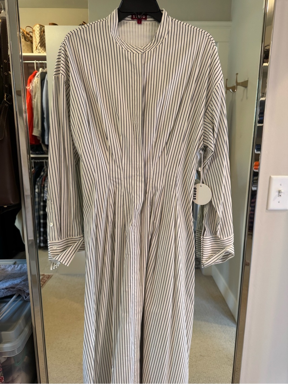 STAUD White and Black Striped Long Sleeve Shirt Dress